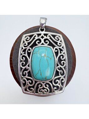 Turquoise Resin Scroll Design VTG Solid Sterling Silver 925 Statement Pendant 2"